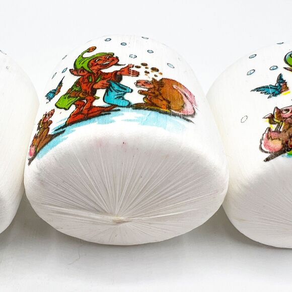 Pyramid Satin Sheen Christmas Ornaments Elf Print White Set of 4 2" Vintage - Picture 3 of 11